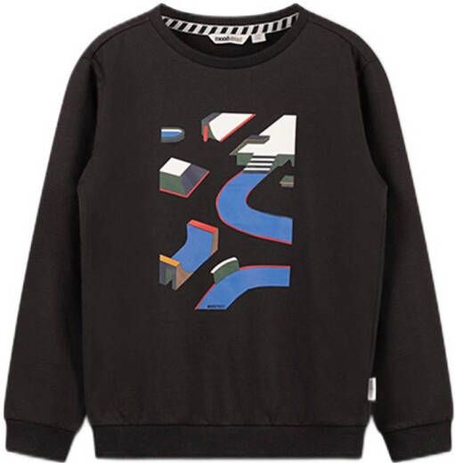 Moodstreet sweater met printopdruk zwart blauw Jongens Stretchkatoen Ronde hals 110 116