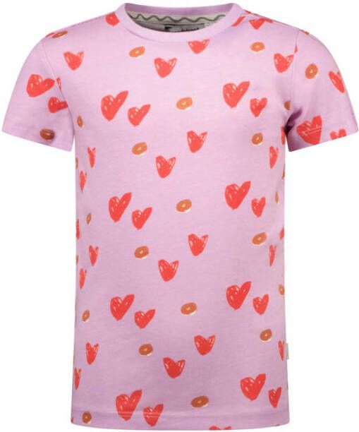 Moodstreet T-shirt met hartjes lila rood