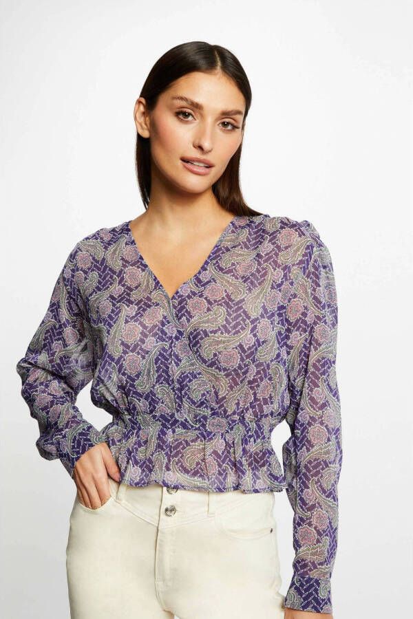 Morgan korte blousetop met paisleyprint paars lila lurex