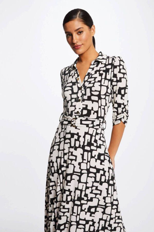 Morgan maxi jurk met all over print en ceintuur zwart wit