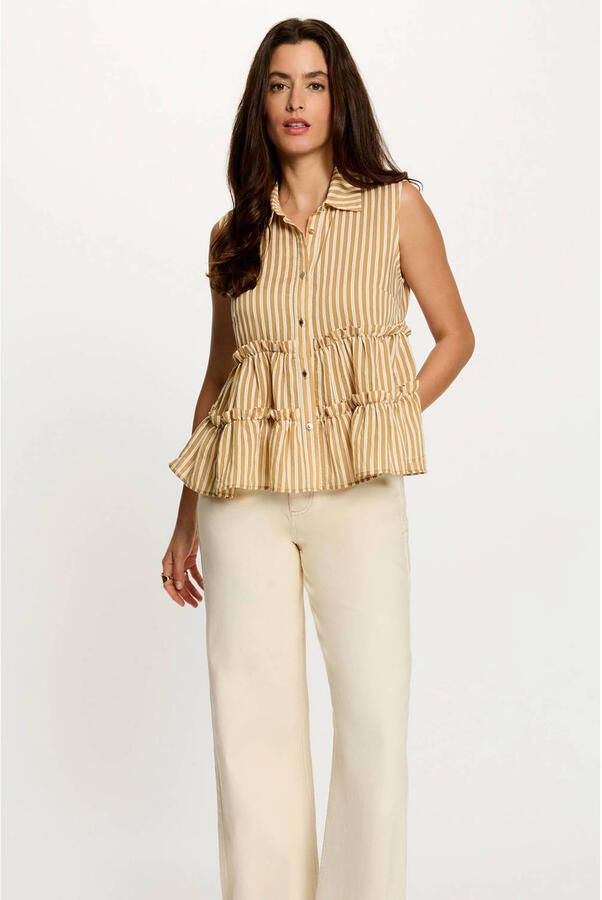 Morgan Peplum gestreepte blouse met ruches camel