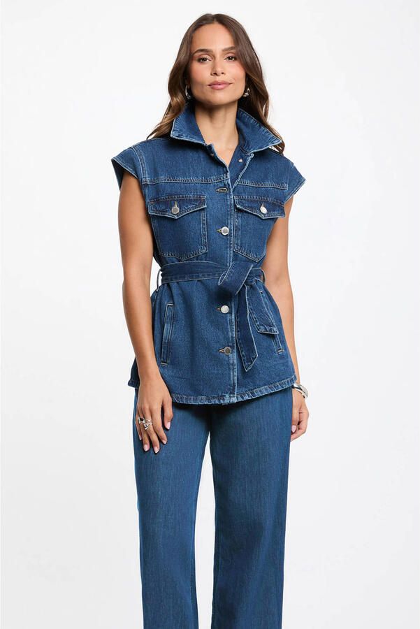 Morgan denim gilet met ceintuur mediumblauw
