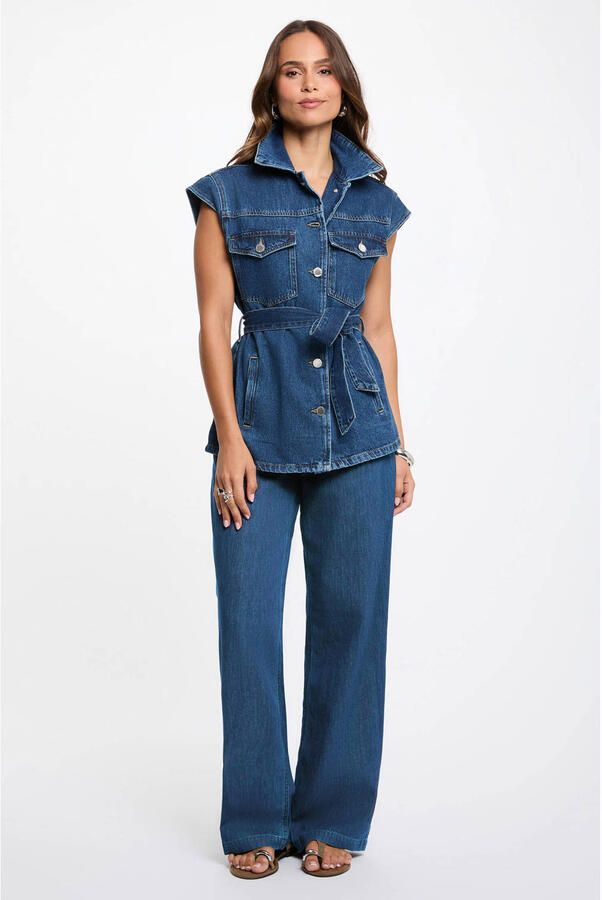 Morgan denim gilet met ceintuur mediumblauw - Foto 2