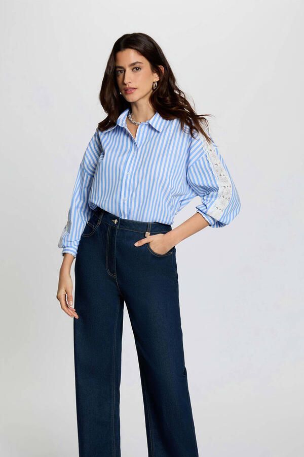 Morgan gestreepte blouse blauw broderie