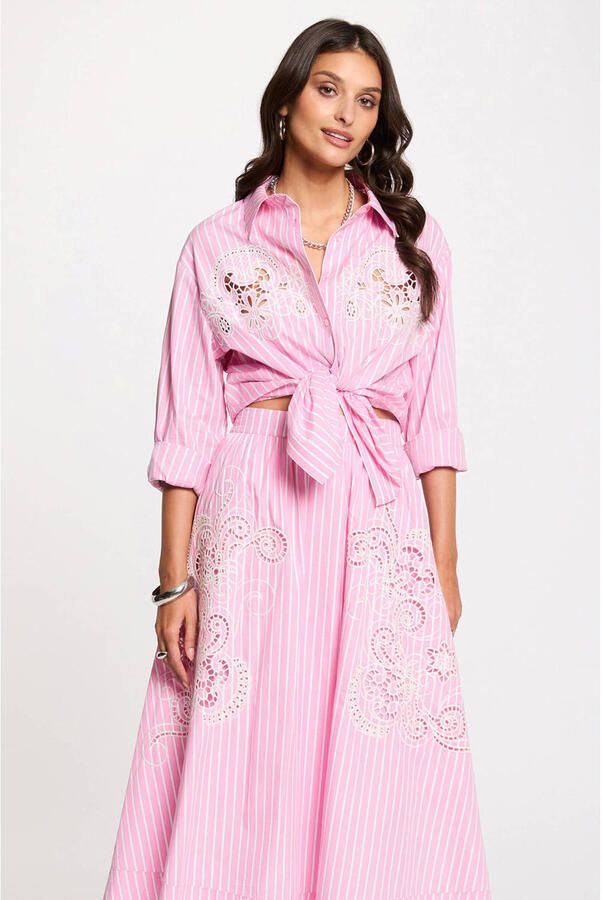 Morgan gestreepte blouse broderie roze