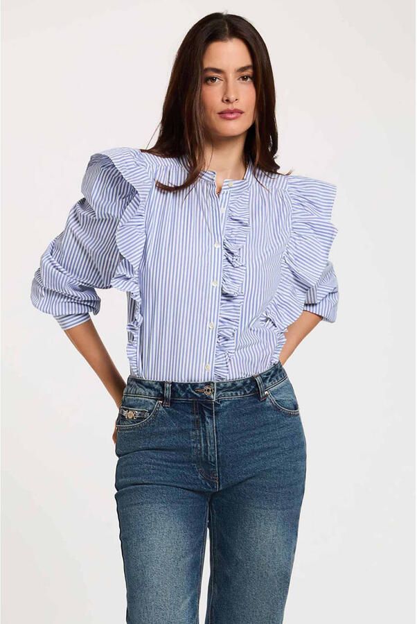 Morgan gestreepte blouse met ruches lichtblauw