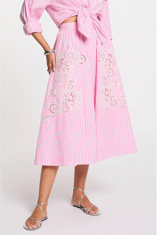 Morgan gestreepte midi rok broderie roze