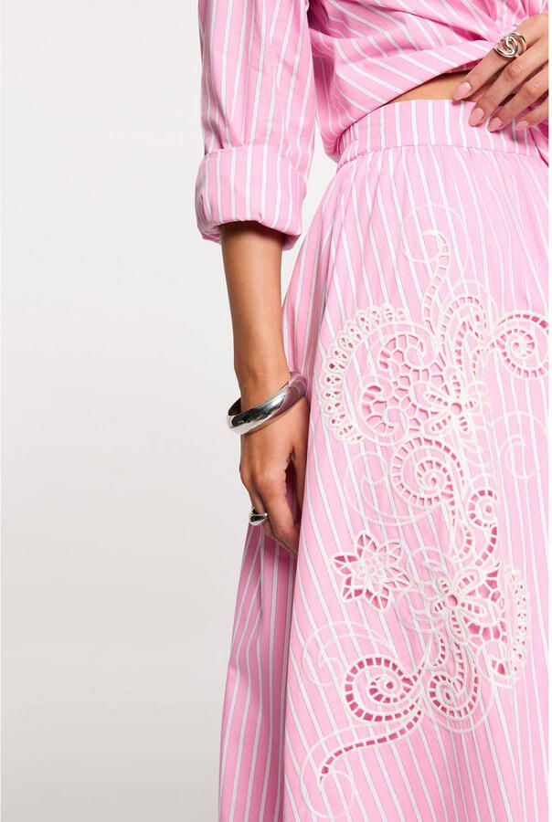 Morgan gestreepte midi rok broderie roze - Foto 2