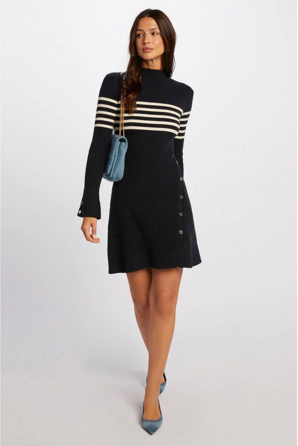 Morgan gestreepte ribgebreide jurk marine ecru