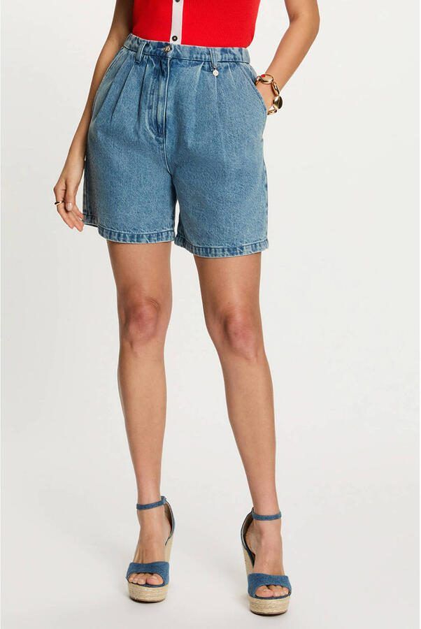Morgan high waist straight leg denim short met plooien mediumblauw