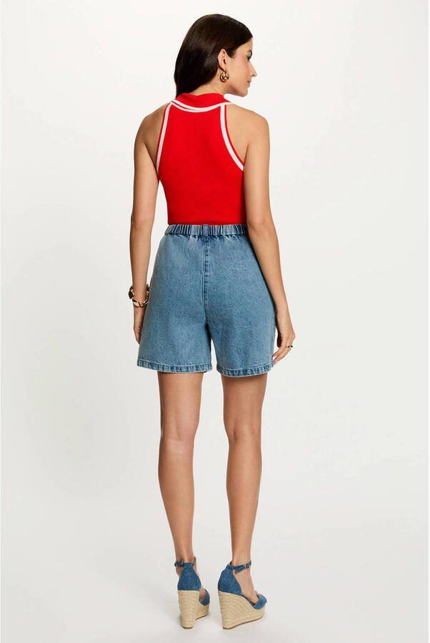 Morgan high waist straight leg denim short met plooien mediumblauw - Foto 3