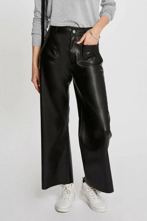 Morgan imitatieleren high waist regular fit broek zwart