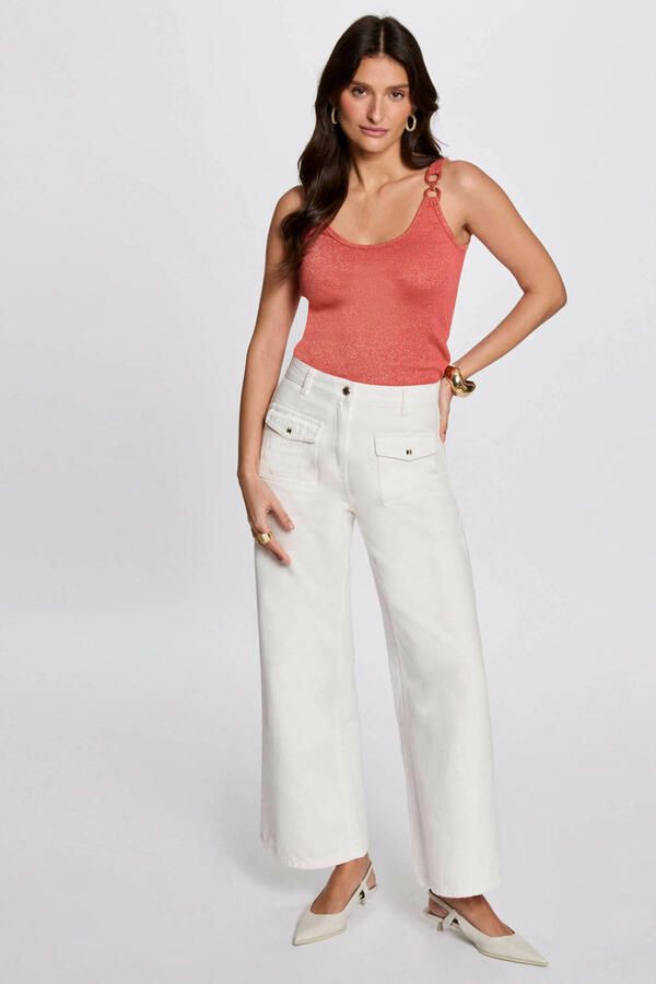 Morgan mouwloze top koraalrood met glitter