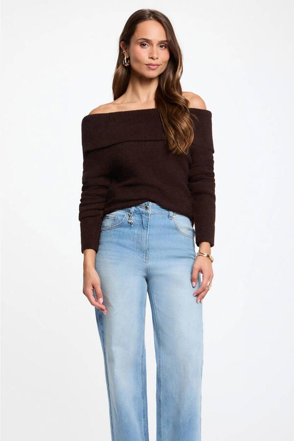 Morgan off shoulder gebreide trui donkerbruin