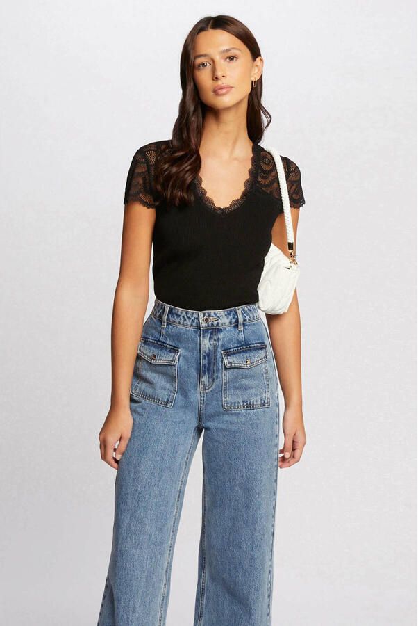 Morgan ribgebreide top met kant zwart - Foto 2