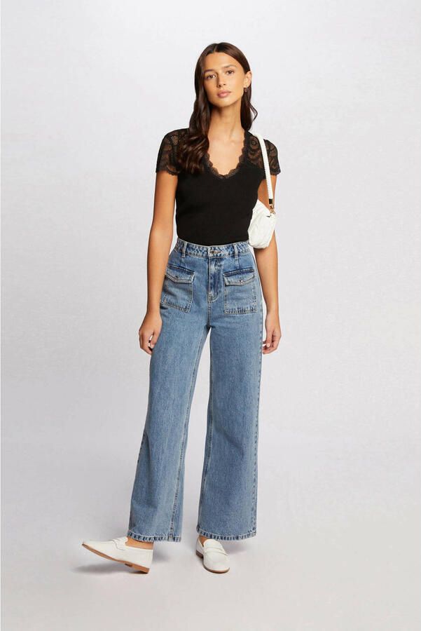 Morgan ribgebreide top met kant zwart - Foto 3