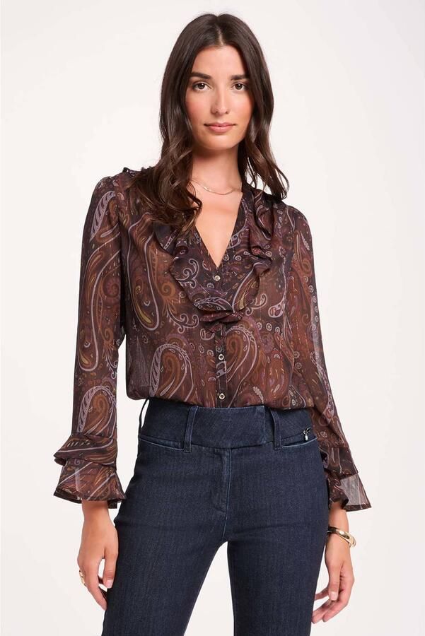 Morgan semi-transparante blouse met paisley donkerbruin camel
