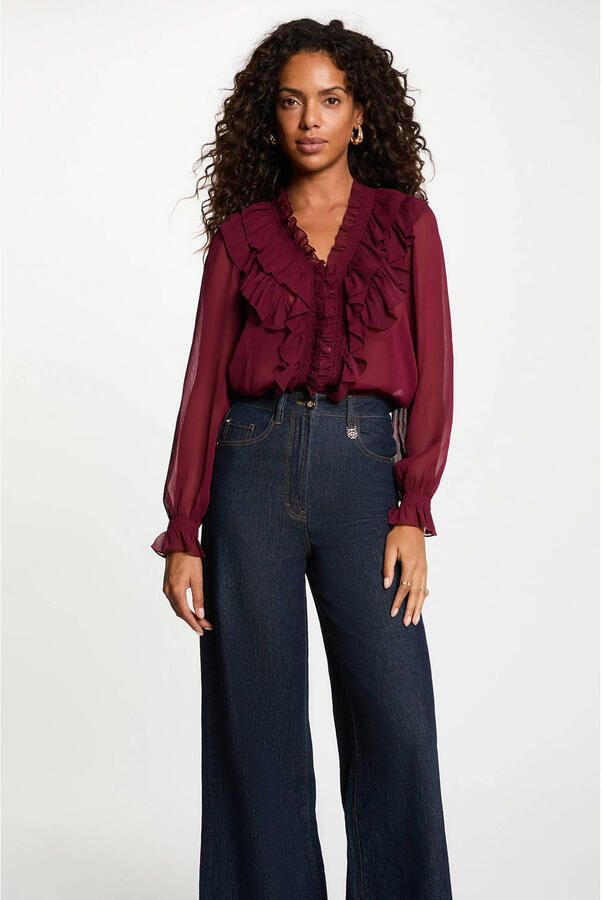 Morgan semi-transparante blouse met ruches donkerrood