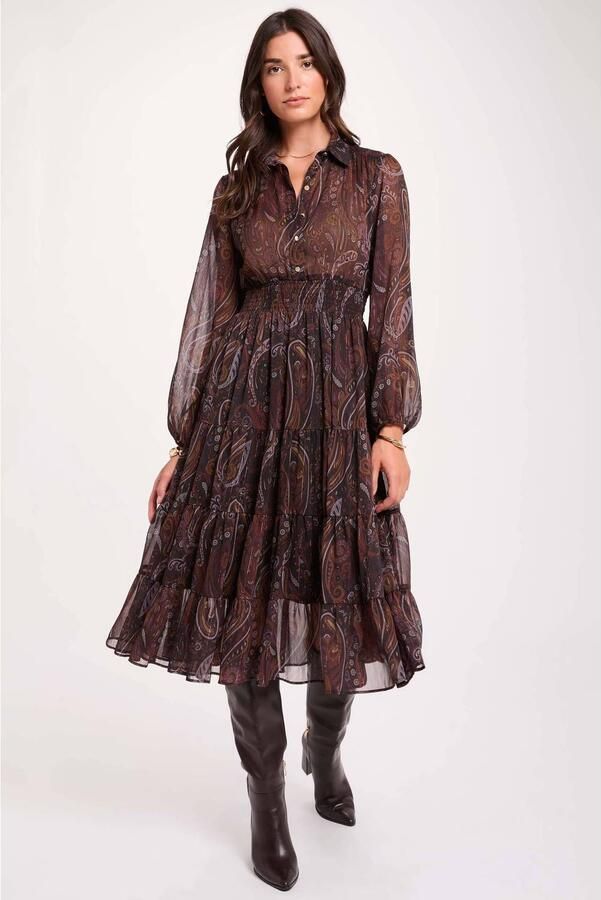 Morgan semi-transparante bohemian midi jurk met ruches en paisley bruin