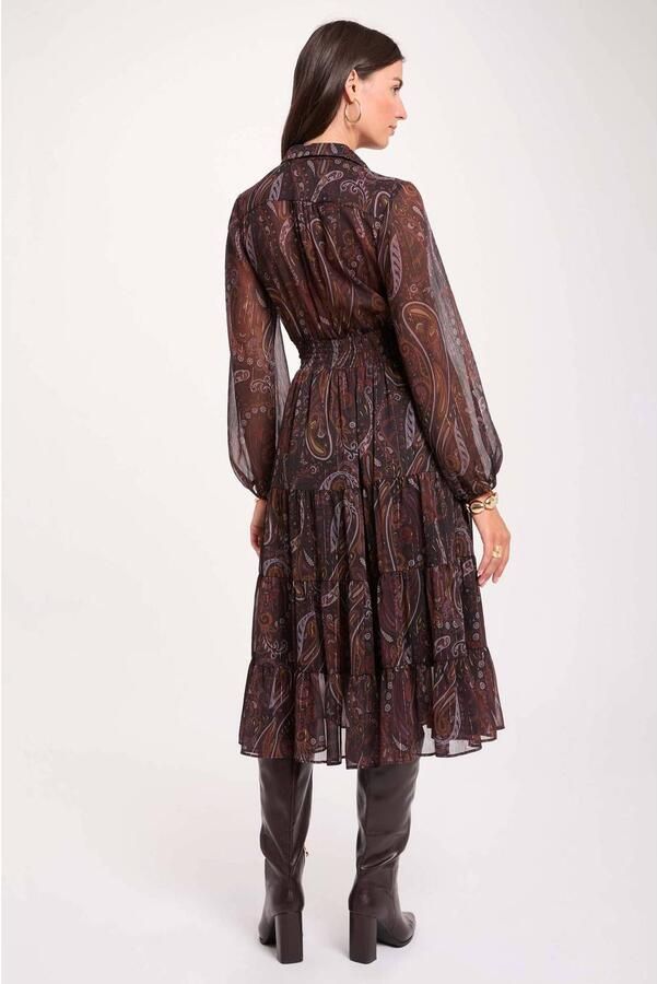Morgan semi-transparante bohemian midi jurk met ruches en paisley bruin - Foto 2