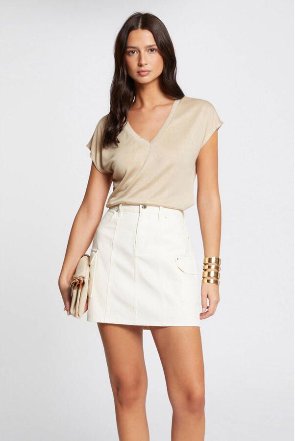 Morgan top met contrastbies beige