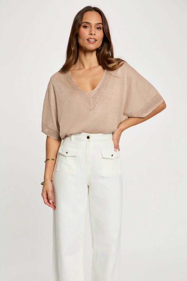 Morgan top met glitter warm taupe