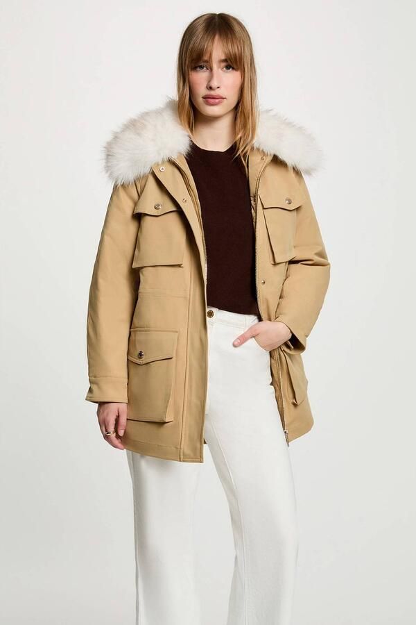 Morgan winterparka met imitatiebontkraag beige