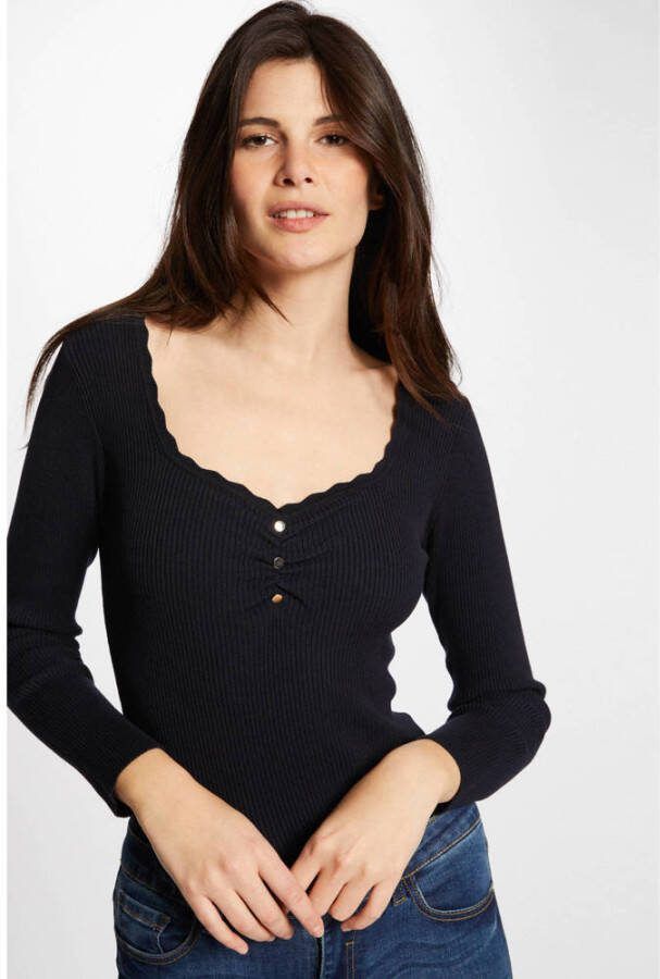 Morgan ribgebreide longsleeve met kant marine