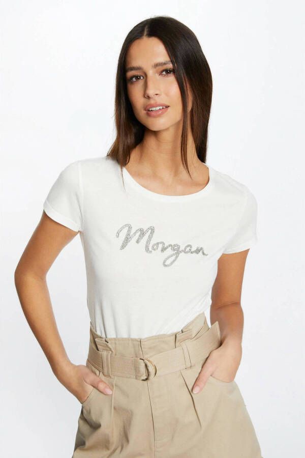 Morgan T-shirt met tekst en kraaltjes ecru