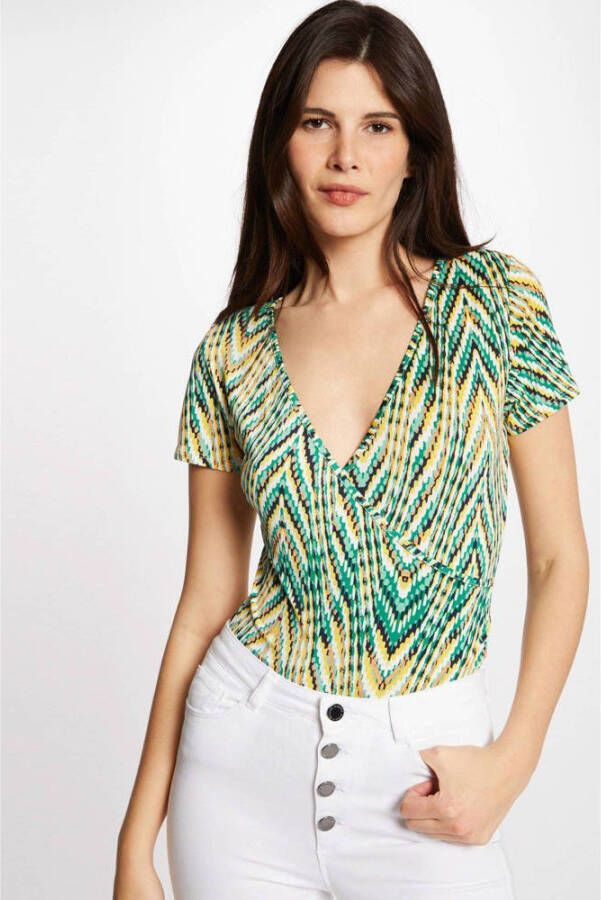 Morgan top met all over print en overslag detail groen zwart geel