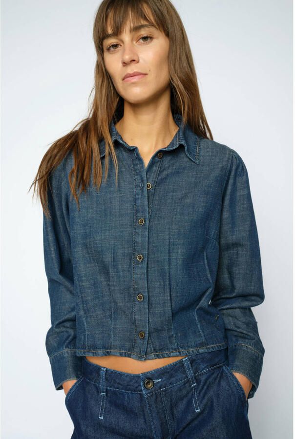 Mos Mosh blouse met linnen donkerblauw