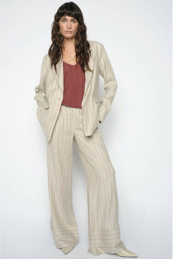 Mos Mosh wide leg regular waist gestreepte broek met linnen beige