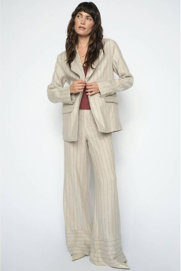 Mos Mosh wide leg regular waist gestreepte broek met linnen beige - Foto 2