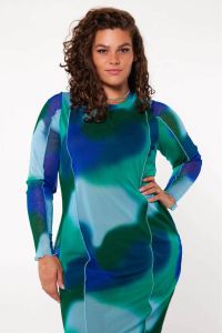 MS Mode mesh jurk met all over print blauw groen