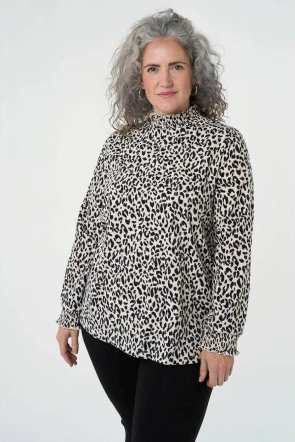 MS Mode blousetop met panterprint en ruches zwart wit
