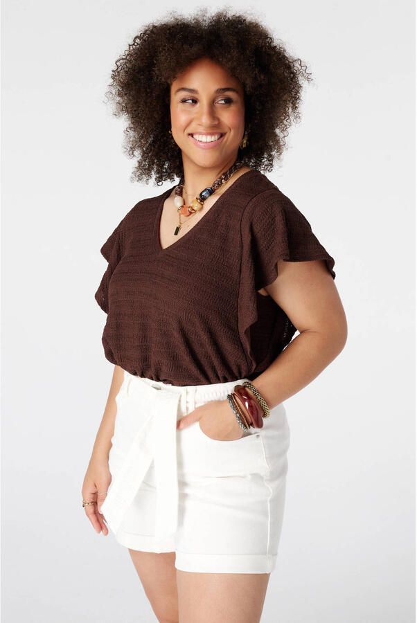 MS Mode aansluitend top met ruches Plus Size bruin