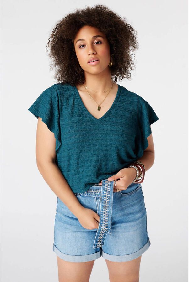 MS Mode aansluitend top met ruches Plus Size petrol