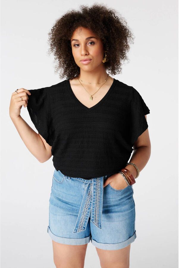 MS Mode aansluitend top met ruches Plus Size zwart