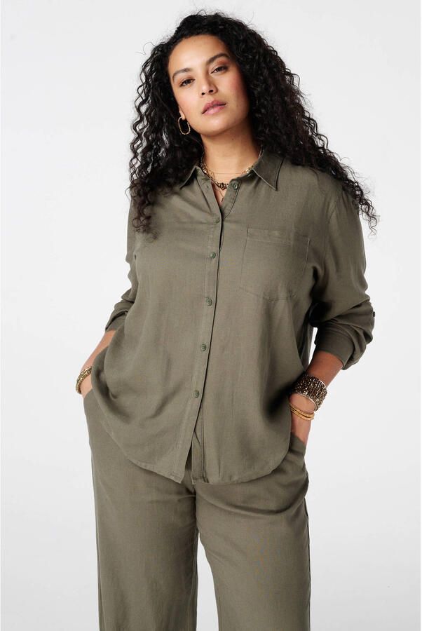 MS Mode blouse met linnen lichtkaki