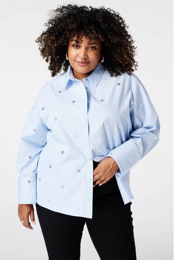MS Mode blouse met pailletten en krijtstreep Plus Size lichtblauw
