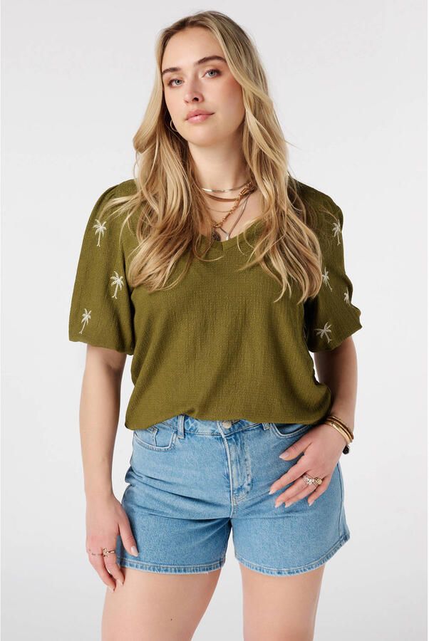 MS Mode blousetop met borduursels Plus Size olijfgroen
