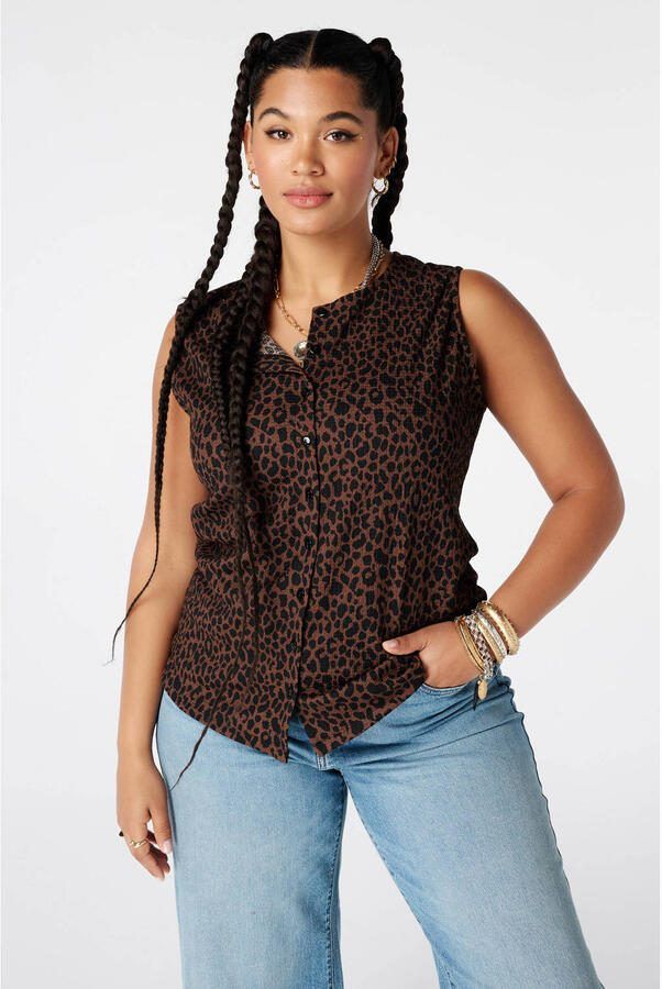 MS Mode blousetop met panterprint Plus Size bruin