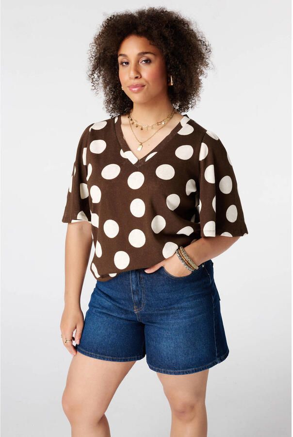 MS Mode blousetop Plus Size met stippen donkerbruin