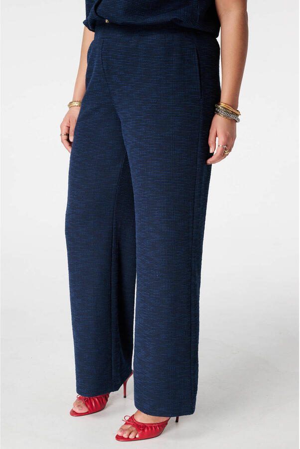 MS Mode bouclé wide leg regular waist broek donkerblauw