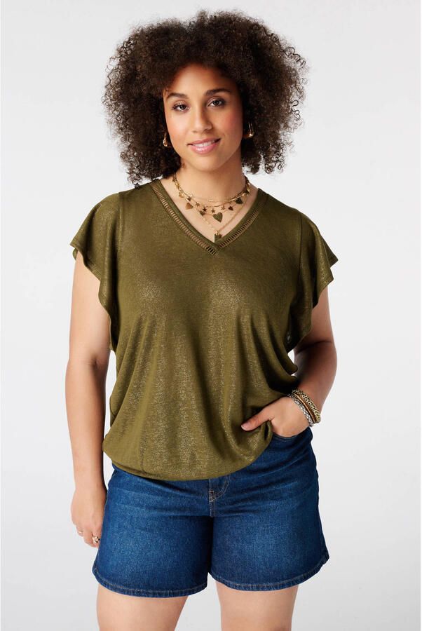 MS Mode broderie top met glitters Plus Size olijfgroen