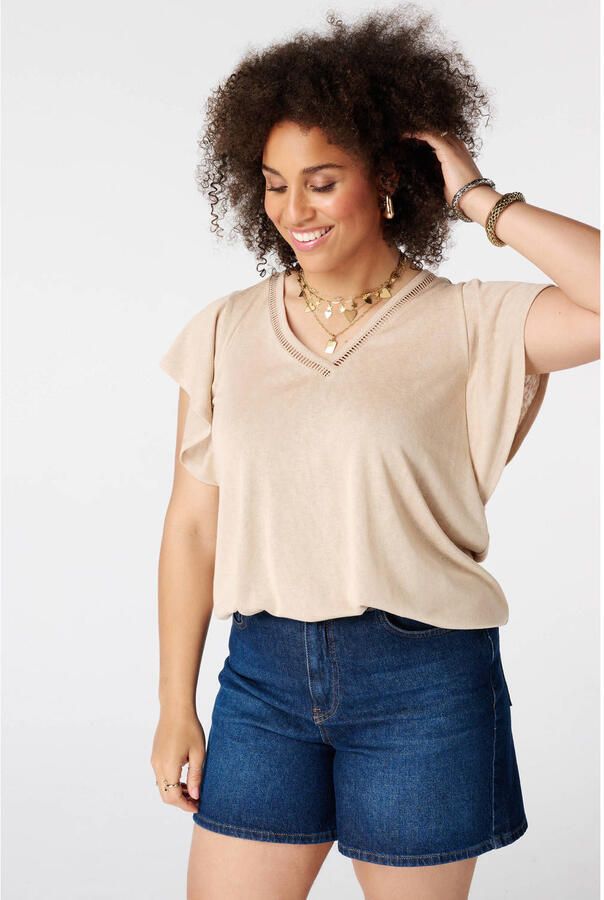 MS Mode broderie top met glitters Plus Size zand
