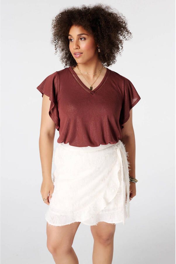 MS Mode broderie top met ruches Plus Size donkerrood