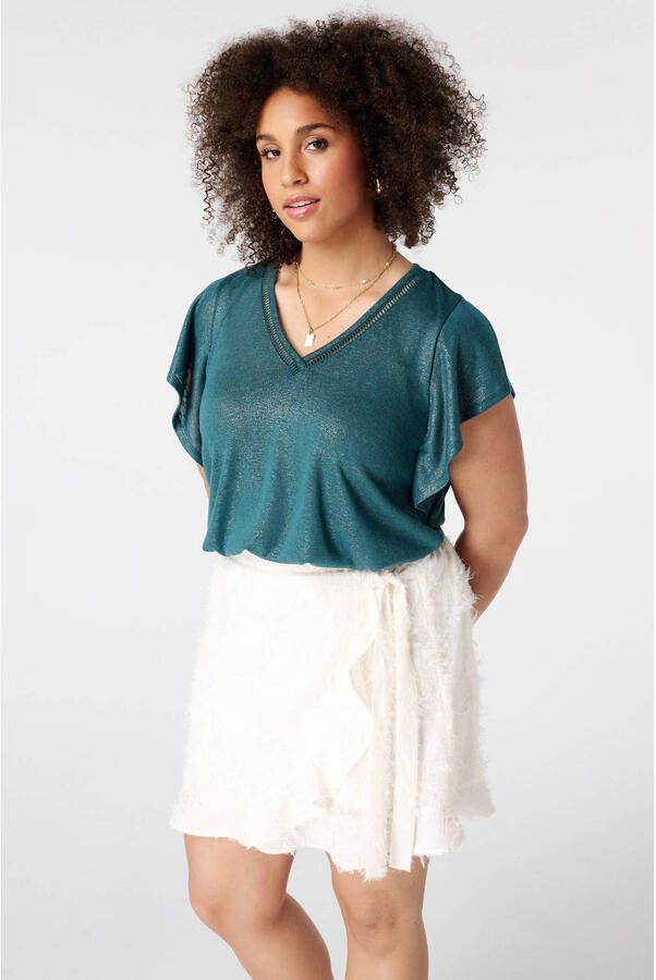 MS Mode broderie top met ruches Plus Size petrol