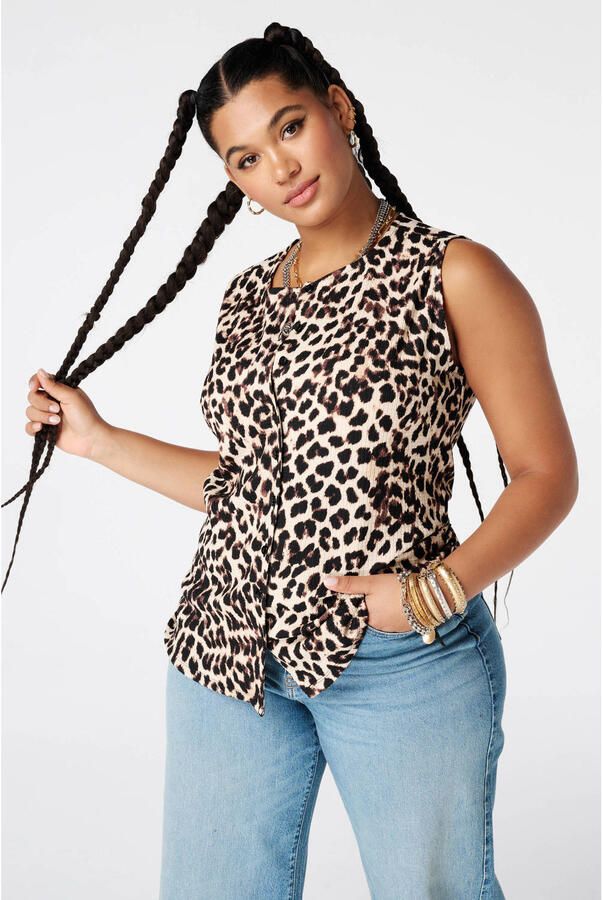 MS Mode fitted blousetop met panterprint Plus Size bruin