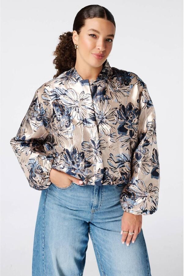MS Mode gebloemd jacquard bomberjack beige blauw